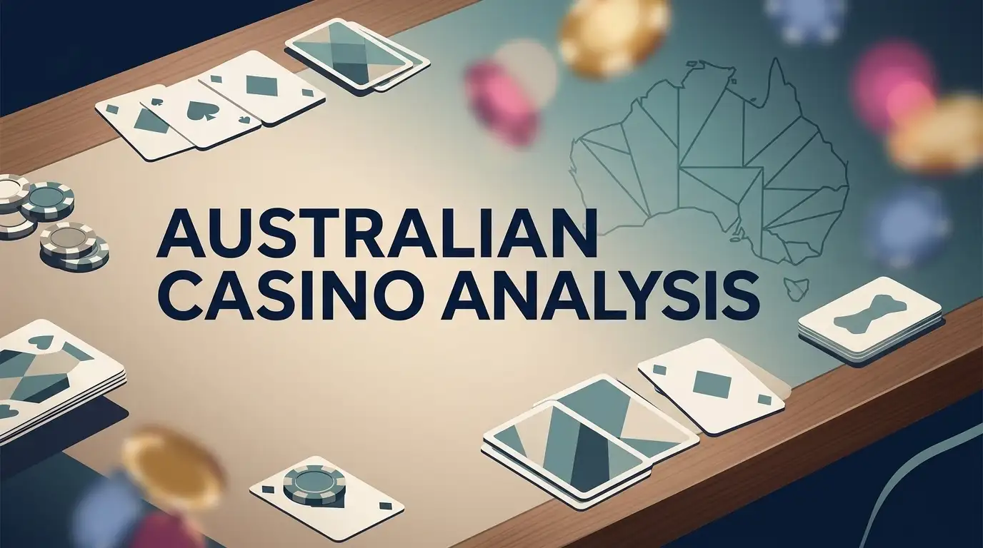 Editorial illustration representing an Australian casino review with cards, pokies-style lights and a subtle Australia motif